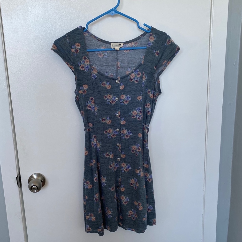 🔥 Grey Blue Floral Dress with Tie At Waist